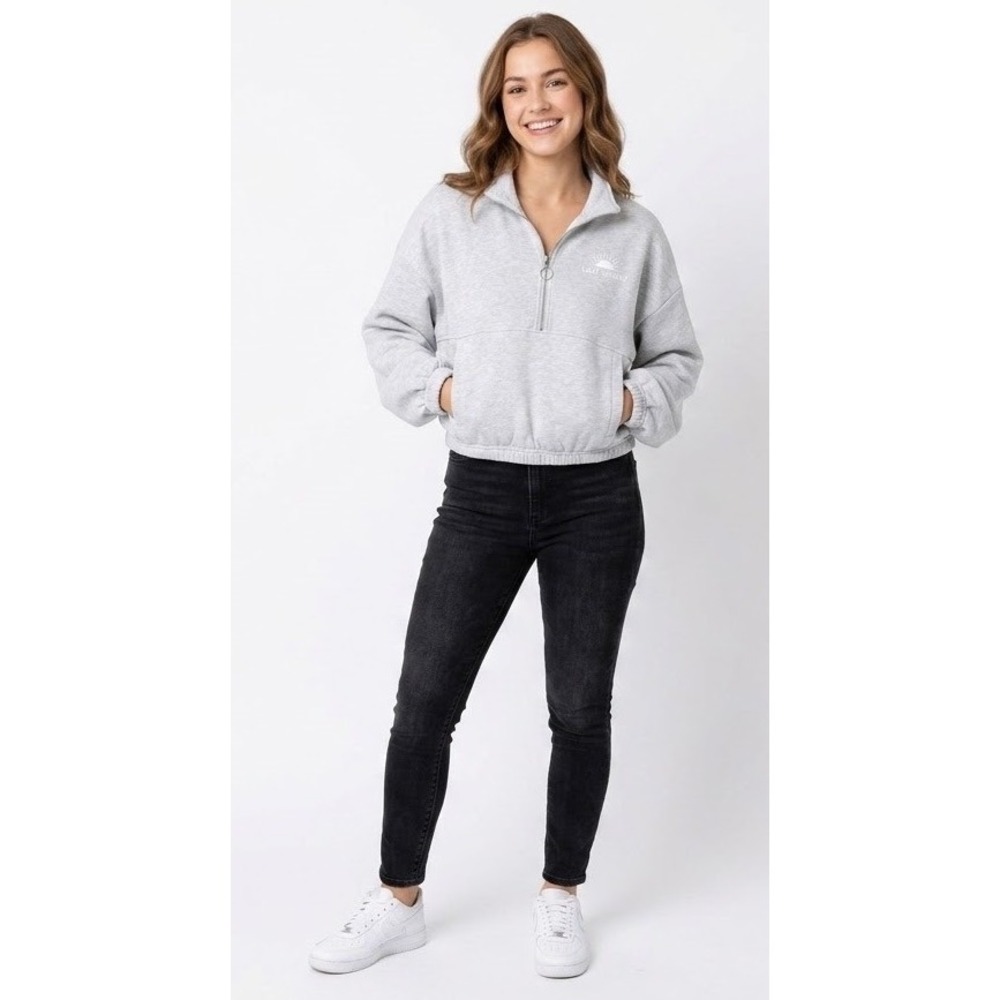 Lazy Sunday Womens Gray Heather Quarter Zip Cropped Fleece Sweatshirt Large